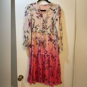 Anthropologie Chiffon Ombré knee length dress with matching belt